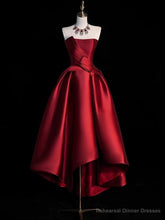 Modest Ball Gown Strapless Burgundy Satin High Low Evening Dress Prom Dresses